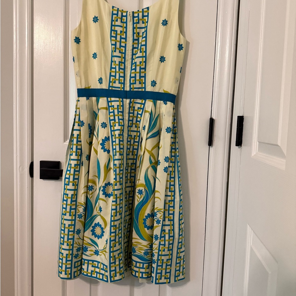 Blue and Cream Silk A-Line Midi Dress sz4